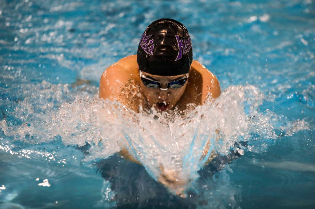 Kamiaks Tsuyoshi Kameda wins the 200 yard IM during the Jackson vs. Kamiak boys swim and dive meet at West Coast Aquatics in Mill Creek, Washington on Tuesday Jan. 10, 2023. (Annie Barker / The Herald)