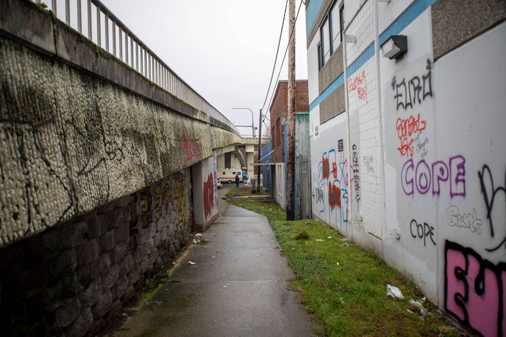 An overpass where several people live in cars and RVs during a point-in-time count of people facing homelessness on Tuesday, in Everett. (Annie Barker / The Herald)
