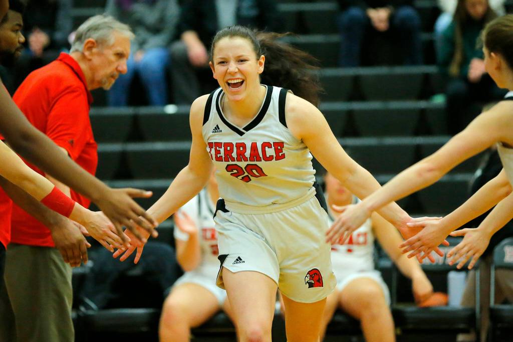 Mountlake Terraces Cameron Dunn is introduced before a matchup against Meadowdale on Wednesday, Jan.11, 2023, at Mountlake Terrace High School in Mountlake Terrace, Washington. (Ryan Berry / The Herald)