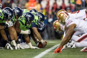 The Seattle Seahawks line up against the San Francisco 49ers in an NFL football game, Thursday, Dec. 15, 2022, in Seattle, Wash. 49ers won 21-13. (AP Photo/Jeff Lewis)