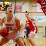 Snohomishs Tyler Gildersleeve-Stiles looks up to the basket before putting in a layup against Stanwood on Friday, Jan. 13, 2023, at Snohomish High School in Snohomish, Washington. (Ryan Berry / The Herald)