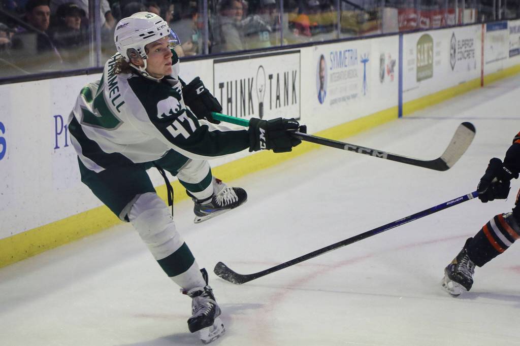 Silvertips Kaden Hammell (47) sends the puck during a game between the Silvertips and Kamloops Blazers at the Angel of the Winds Arena on Friday, Jan. 13, 2023. The Silvertips fell to the Kamloops, 3-6. (Annie Barker / The Herald)