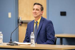 New Monroe superintendent Shawn Woodward during his panel interview on Thursday, Jan. 26, 2023 in Monroe, Washington. (Olivia Vanni / The Herald)
