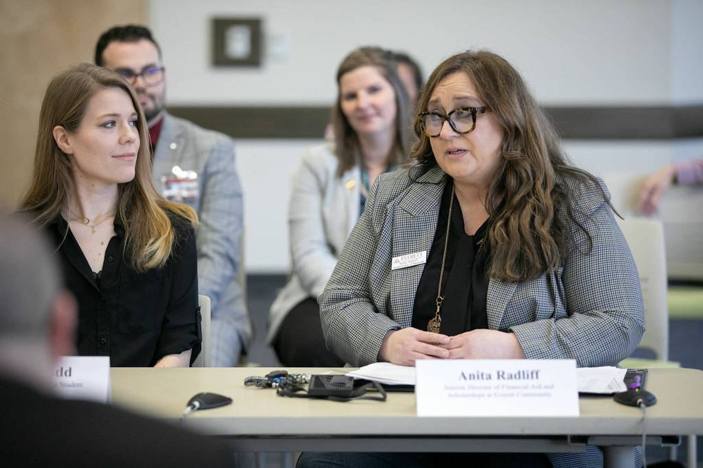 Anita Radliff, Interim Director of Financial Aid and Scholarships at ECC, speaks to Senator Patty Murray during a roundtable meeting to discuss access to higher education and Pell Grant increases Thursday, Jan. 19, 2023, at Everett Community College in Everett, Washington. (Ryan Berry / The Herald)