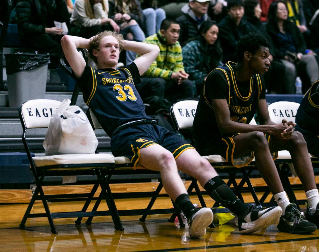 Shorecrests Evan Solomon reacts to his team losing the lead during the game Arlington on Thursday, Jan. 19, 2023 in Arlington, Washington. (Olivia Vanni / The Herald)