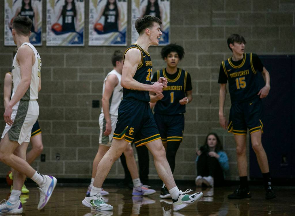 Shorecrests Parker Baumann reacts to a foul call during the game against Arlington on Thursday, Jan. 19, 2023 in Arlington, Washington. (Olivia Vanni / The Herald)