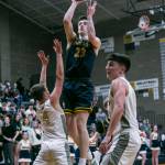 Shorecrests Parker Baumann makes a jump shot during the game on Thursday, Jan. 19, 2023 in Arlington, Washington. (Olivia Vanni / The Herald)