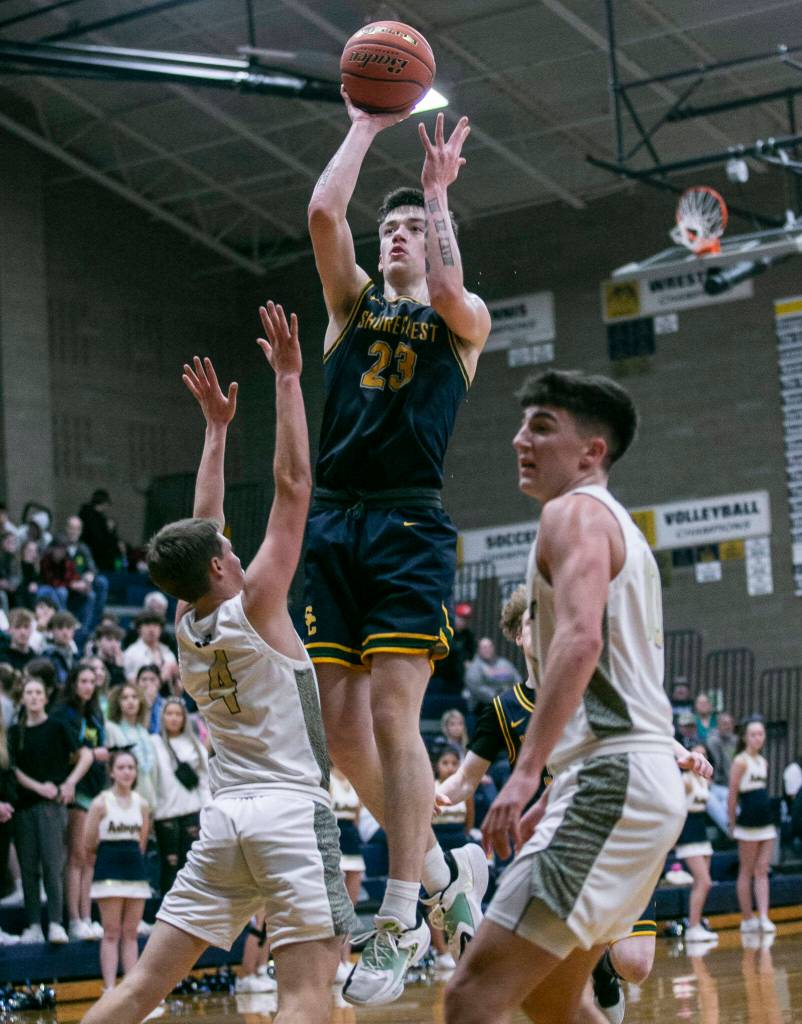 Shorecrests Parker Baumann makes a jump shot during the game on Thursday, Jan. 19, 2023 in Arlington, Washington. (Olivia Vanni / The Herald)