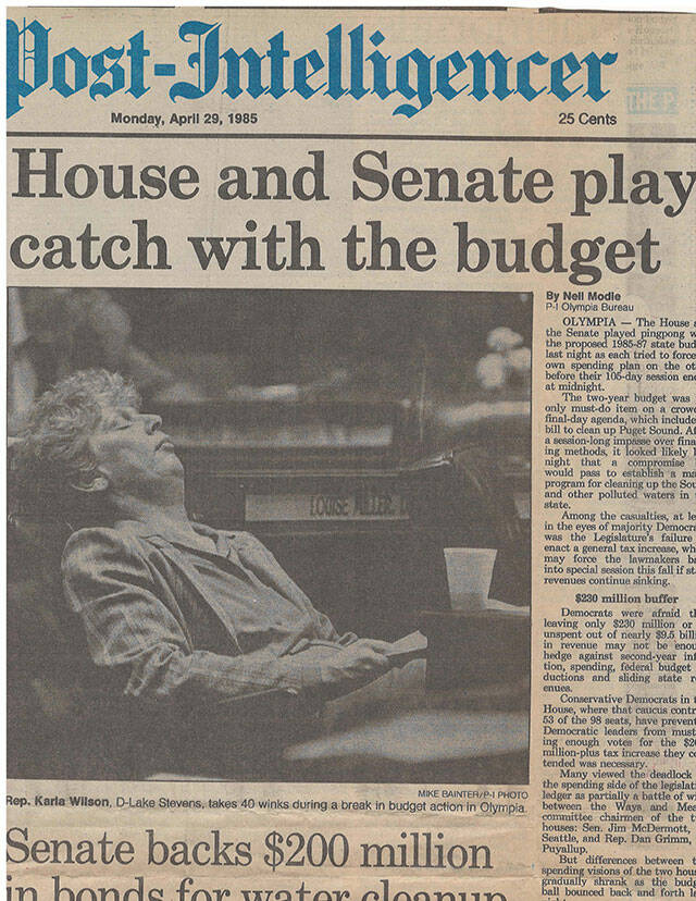 A Seattle Post-Intelligencer newspaper cover from April 29, 1985 featuring a napping Karla Wilson.