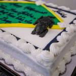 An icing rendition of K-9 Hobbs, partner of Sgt. Jason Robinson displayed on a cake during Hobbs retirement ceremony at the Edmonds Police Department on Thursday, in Edmonds. (Annie Barker / The Herald)