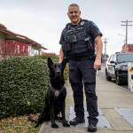K-9 Hobbs and Sgt. Jason Robinson pose for a photo after Hobbs’ retirement ceremony at the Edmonds Police Department in Edmonds, Washington on Thursday Jan. 26, 2023. (Annie Barker / The Herald)
