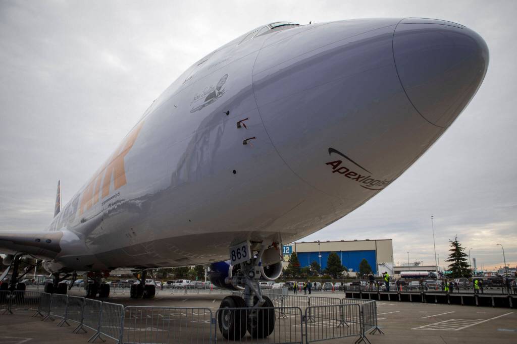 The final 747 sits on display on Tuesday, in Everett. (Annie Barker / The Herald)