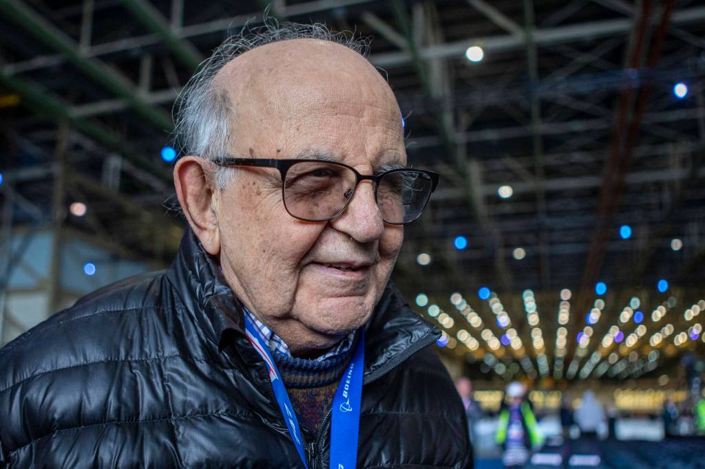 Former employee Frank Abadi, 91, remembers his time as an Incredible during a celebration on Tuesday, at the 747 factory in Everett. Abadi retired in 2022 after starting work in 1962 with Boeing. (Annie Barker / The Herald)