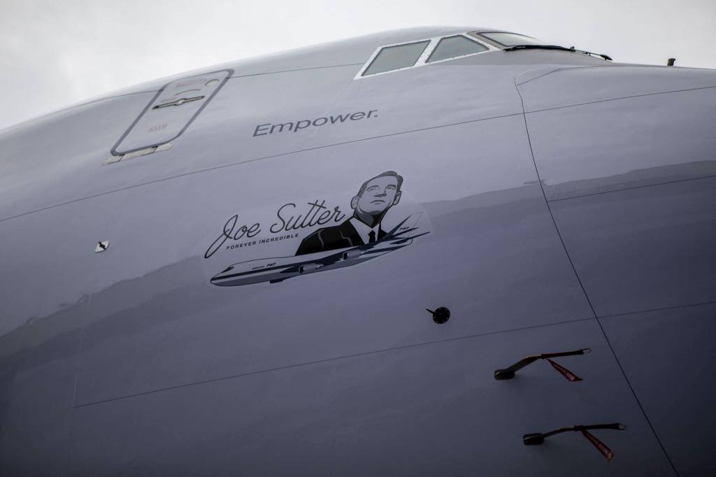 A graphic of Joe Sutter, the 747 programs chief engineer, sits on the final 747 during a celebration on Tuesday, in Everett. (Annie Barker / The Herald)