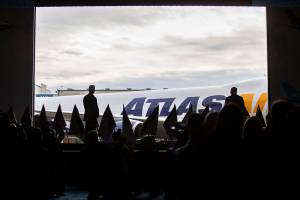 The final 747 is revealed during a celebration in Everett, Washington on Tuesday, Jan. 31, 2023. The plane was rolled out Dec. 6 from the Everett assembly factory and delivered to the customer, Atlas Air. (Annie Barker / The Herald)
