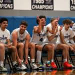 EC players cheer during a mens game between the Everett Community College Trojans and Edmonds College Tritons at Seaview Gymnasium at Edmonds College in Lynnwood, Washington on Wednesday Jan. 25, 2023. The Tritons won, 91-84. (Annie Barker / The Herald)