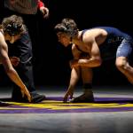Lake Stevens Mick McClain and Glacier Peaks Colin Edmonds wrestle at Lake Stevens High School on Thursday Jan. 26, 2023. (Annie Barker / The Herald)
