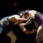 Lake Stevens Esteban Sedano Jr. and Glacier Peaks John Allison wrestle at Lake Stevens High School on Thursday Jan. 26, 2023. (Annie Barker / The Herald)