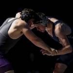 Lake Stevens Lucas Overland and Glacier Peaks Angus van Valey wrestle during the 195 pound weight class match at Lake Stevens High School on Thursday Jan. 26, 2023. (Annie Barker / The Herald)