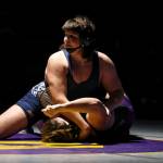 Lake Stevens Bryce Slezak and Glacier Peaks Connor Aney wrestle during the 285 pound weight class match at Lake Stevens High School on Thursday Jan. 26, 2023. (Annie Barker / The Herald)
