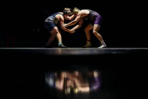 Lake Stevens’ Koen Mattern and Glacier Peak’s Dane Chapman wrestle during the 220 pound weight class match at Lake Stevens High School on Thursday Jan. 26, 2023. (Annie Barker / The Herald)
