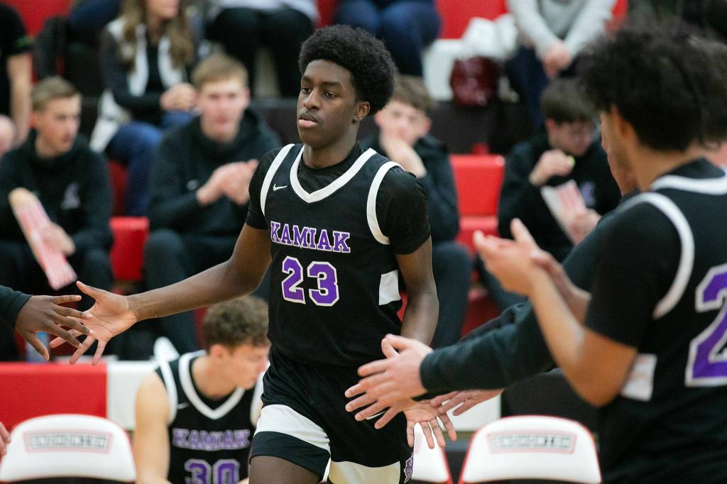Kamiak senior Josiah Pierre is introduced prior to a matchup against Snohomish on Saturday, Jan. 28, 2023, in Snohomish, Washington. (Ryan Berry / The Herald)