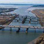 I-5, Highway 529 and BNSF railroad bridges cross over Union Slough, as the main routes for traffic between Everett and Marysville. (Olivia Vanni / The Herald)