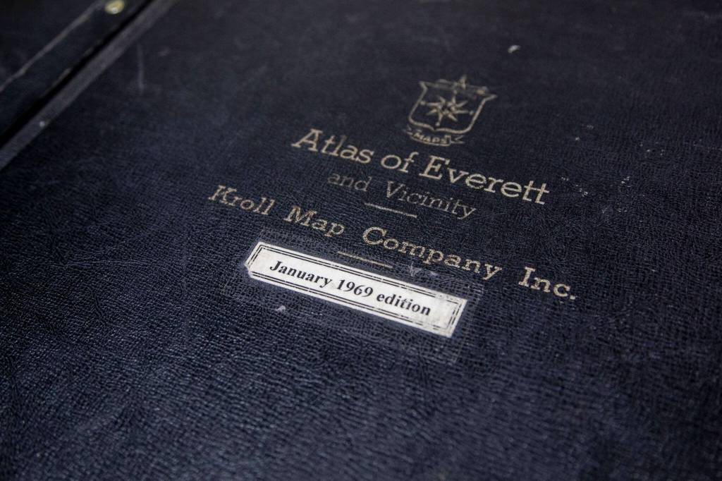 A copy of the Altas of Everett and Vicinity at the Everett Public Library. (Annie Barker / The Herald)