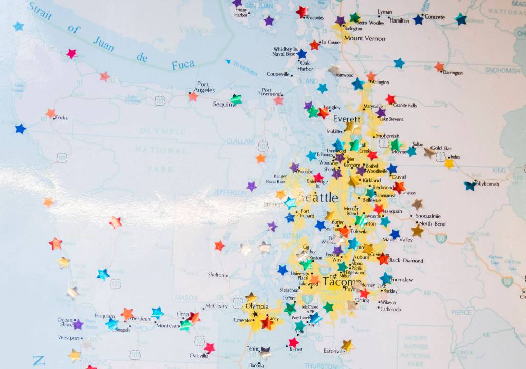 Stickers show the locations the DSHS Mobile office has stopped in Washington on Tuesday, in Gold Bar. (Olivia Vanni / The Herald)