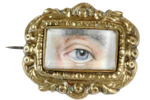 We don’t know whose eye is depicted in this miniature, but it must have been someone well loved. Wearing a miniature painting of a loved one’s eye was fashionable in the 18th and 19th centuries.