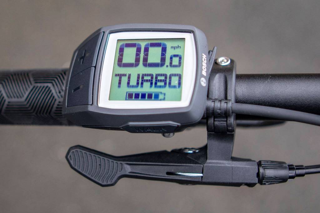 A speedometer also controls the amount of boost from on a new electric-assisted mountain bike at the Mountlake Terrace Police Department. (Annie Barker / The Herald)