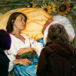 Two guests stop to take in a large-scale painting by artist Iryna Kalyuzhna during a public event highlighting the For Ukraine: Art of Freedom exhibit at the Schack Art Center on Saturday, Feb. 4, 2023, in downtown Everett, Washington. (Ryan Berry / The Herald)