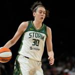 Storm forward Breanna Stewart brings the ball up during a playoff semifinal game against the Aces on Aug. 31, 2022, in Las Vegas. (AP Photo/John Locher)