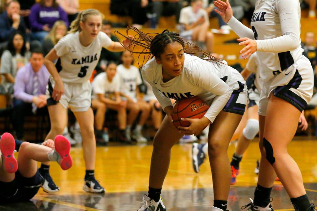 Kamiaks Jianna Pineda comes down with a rebound against Glacier Peak on Wednesday, Feb 1, 2023, at Kamiak High School in Mukilteo, Washington. (Ryan Berry / The Herald)