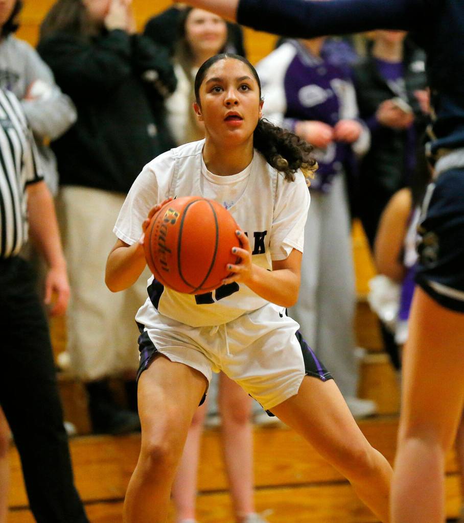 Kamiaks Vivian Mawudeku side steps to make space for a jumper against Glacier Peak on Wednesday, Feb 1, 2023, at Kamiak High School in Mukilteo, Washington. (Ryan Berry / The Herald)