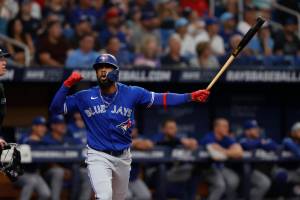 Toronto Blue Jays' Teoscar Hernandez reacts while batting during a baseball game Sept. 24, 2022, in St. Petersburg, Fla. The Seattle Mariners made one of the first big moves of the offseason by acquiring All-Star outfielder Teoscar Hernandez from the Blue Jays in exchange for two pitchers on Wednesday, Nov. 16, 2022. (AP Photo/Scott Audette)