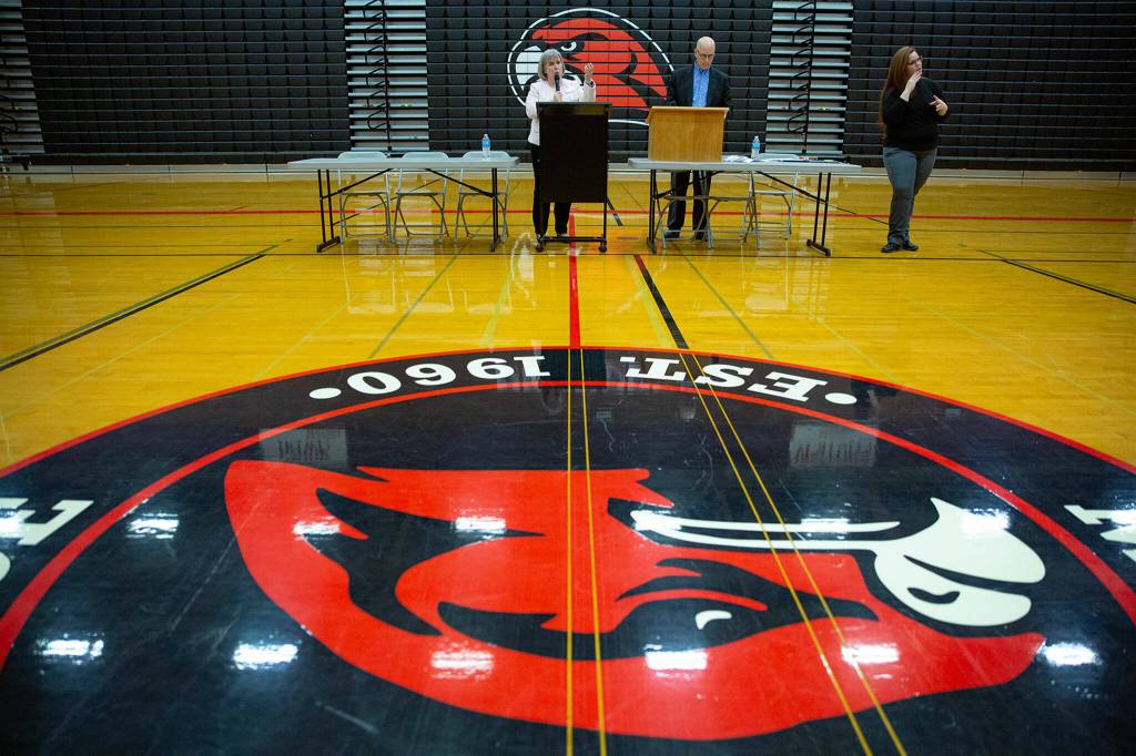 Dr. Rebecca Miner, interim superintendent of Edmonds School District, speaks during a public forum for the finalists for superintendent of Edmonds School District on Tuesday, at Mountlake Terrace High School. (Ryan Berry / The Herald)