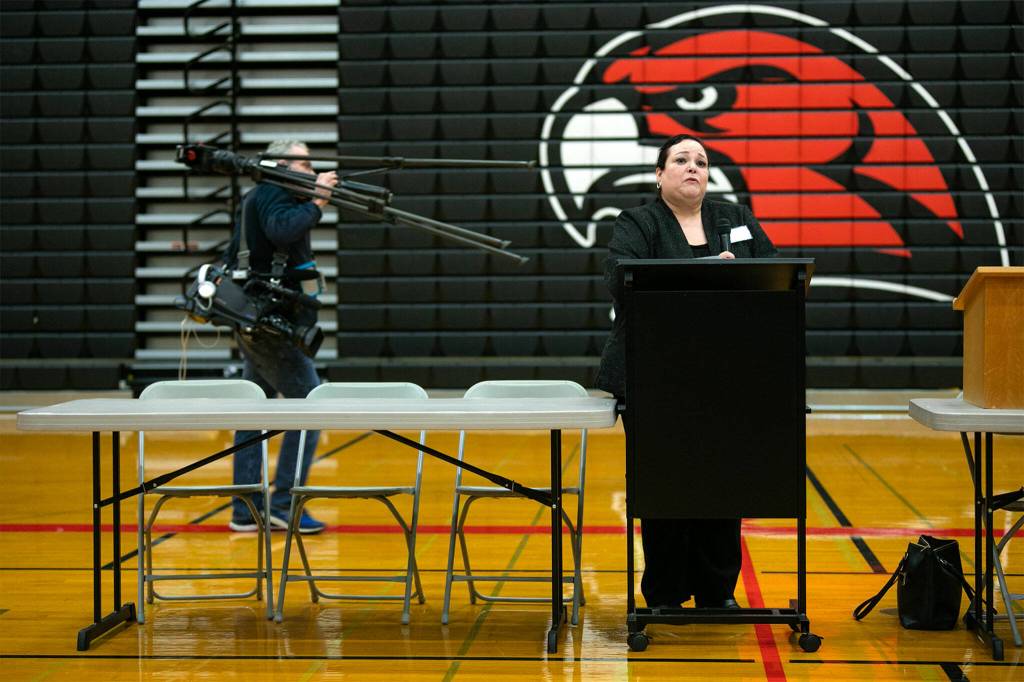 Dr. Concepcion Pedroza, associate superintendent of Seattle Public Schools, speaks during a public forum for the finalists for the superintendent position at Edmonds School District on Tuesday, at Mountlake Terrace High School. (Ryan Berry / The Herald)