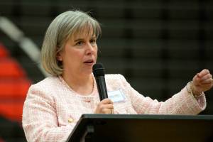 Dr. Rebecca Miner, Interim Superintendent of Edmonds School District, speaks during a public forum to receive feedback on the two candidates for the Superintendent position at Edmonds School District on Tuesday, Feb. 7, 2023, at Mountlake Terrace High School in Mountlake Terrace, Washington. (Ryan Berry / The Herald)