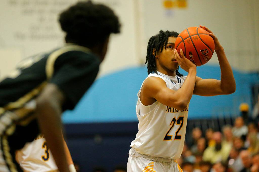 Mariners Stavontai McSwain takes a free throw against Lake Stevens on Thursday, Feb. 2, 2023, at Mariner High School in Everett, Washington. (Ryan Berry / The Herald)