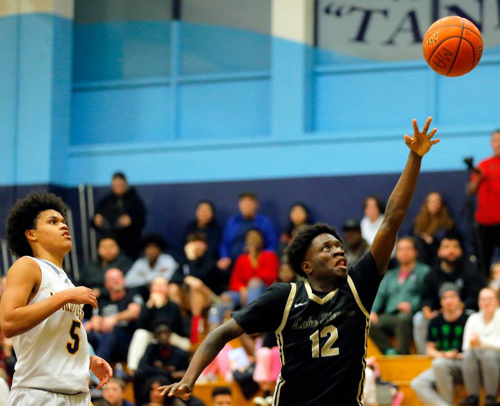 Lake Stevens Mekhi Hunter puts up a shot after being fouled against Mariner on Thursday, Feb. 2, 2023, at Mariner High School in Everett, Washington. (Ryan Berry / The Herald)
