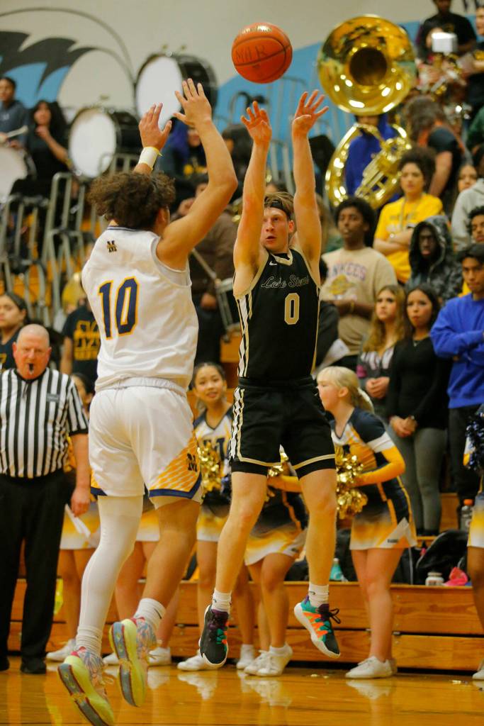 Lake Stevens Maddox Preder shoots a jumper against Mariner on Thursday, Feb. 2, 2023, at Mariner High School in Everett, Washington. (Ryan Berry / The Herald)
