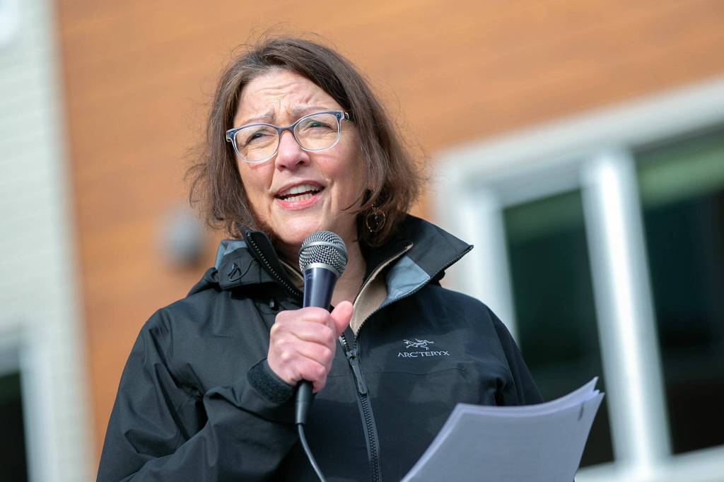 Congresswoman Suzan DelBene gives a brief address during a ribbon cutting ceremony at Housing Hopes Twin Lakes Landing II on Wednesday, in Marysville. (Ryan Berry / The Herald)