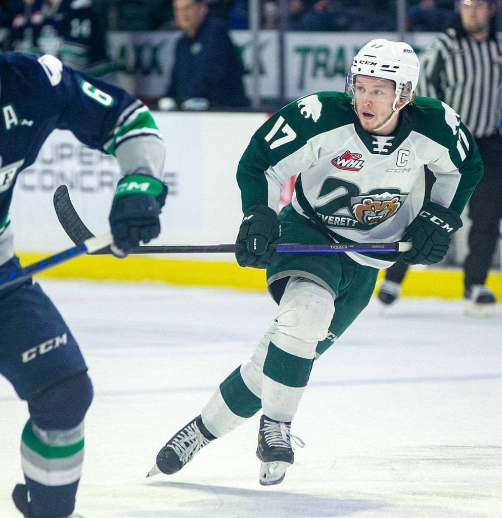 Silvertips winger Jackson Berezowski skates into the offensive zone during a game against Seattle on Saturday, Feb. 4, 2023, at Angel of the Winds Arena in Everett, Washington. (Ryan Berry / The Herald)