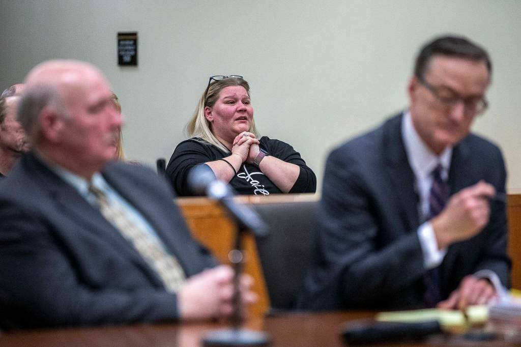 An attendee reacts during Brandon Whites resentencing hearing at the Snohomish County Courthouse on Friday, Feb. 24 in Everett. (Annie Barker / The Herald)