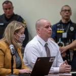 Brandon White listens during his resentencing hearing at the Snohomish County Courthouse in Everett, Washington on Friday, Feb. 24, 2023. (Annie Barker / The Herald)