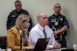 Brandon White listens during his resentencing hearing at the Snohomish County Courthouse in Everett, Washington on Friday, Feb. 24, 2023. (Annie Barker / The Herald)