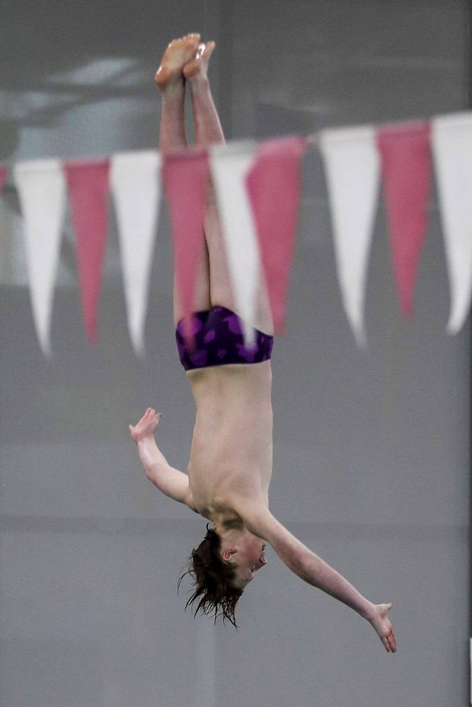 Kamiaks Cade Farmer completes a dive during the 4A District 1 swim and dive championships at Snohomish Aquatic Center, in Snohomish, Washington on Saturday, Feb. 11, 2023. (Annie Barker / The Herald)