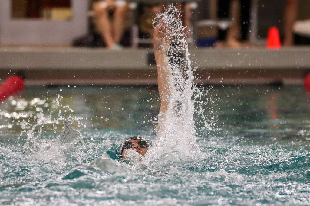 Cascades Noah Henderson wins Heat 2 of the 200 Yard IM during the 3A District 1 swim and dive championships at Snohomish Aquatic Center, in Snohomish, Washington on Saturday, Feb. 11, 2023. (Annie Barker / The Herald)