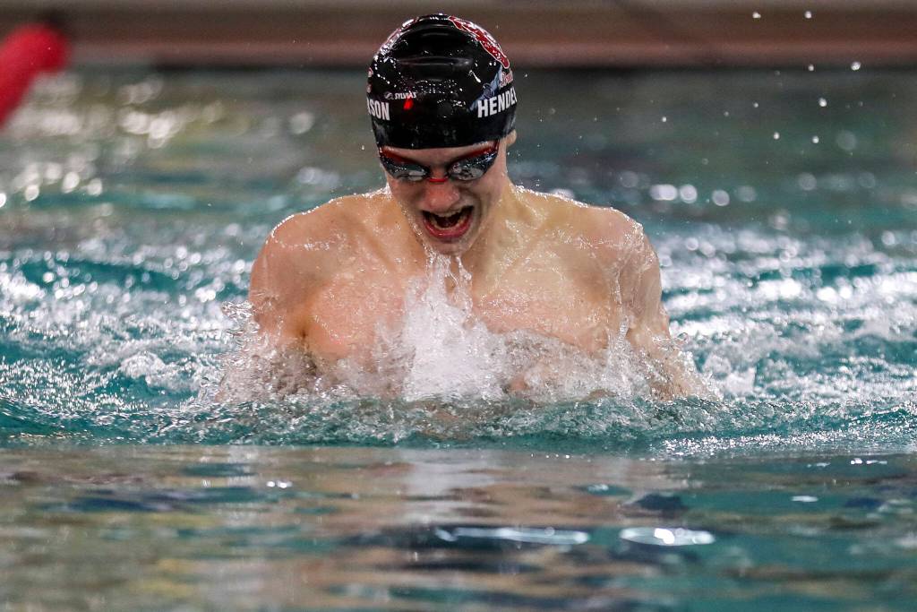 Cascades Noah Henderson wins Heat 2 of the 200 Yard IM during the 3A District 1 swim and dive championships at Snohomish Aquatic Center, in Snohomish, Washington on Saturday, Feb. 11, 2023. (Annie Barker / The Herald)